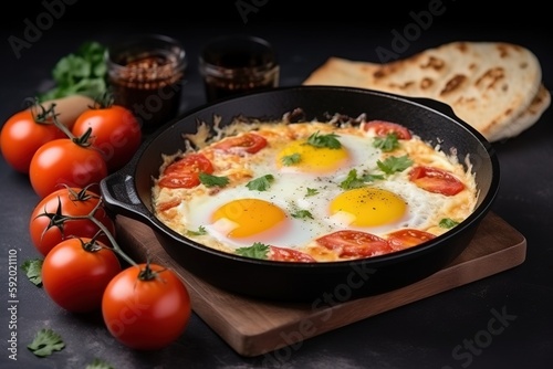  a skillet with eggs and tomatoes on a cutting board next to bread and tomatoes on a cutting board with a slice of bread on the side.  generative ai