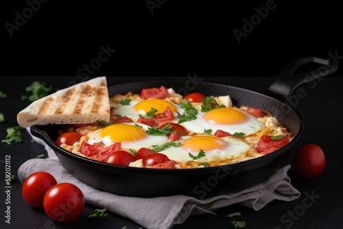  a skillet with eggs, tomatoes, and bread on a black surface with tomatoes and bread on the side of the skillet, and on a gray napkin.  generative ai