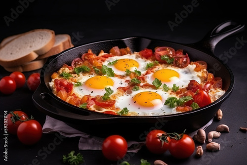  a skillet with eggs and tomatoes on a table with bread and cherry tomatoes on the side of the skillet and a slice of bread on the side.  generative ai