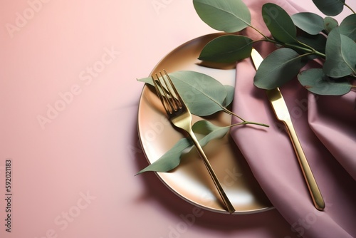  a plate with a fork, knife and a leaf on it next to a pink napkin and a green plant on a gold plate with a pink background. generative ai
