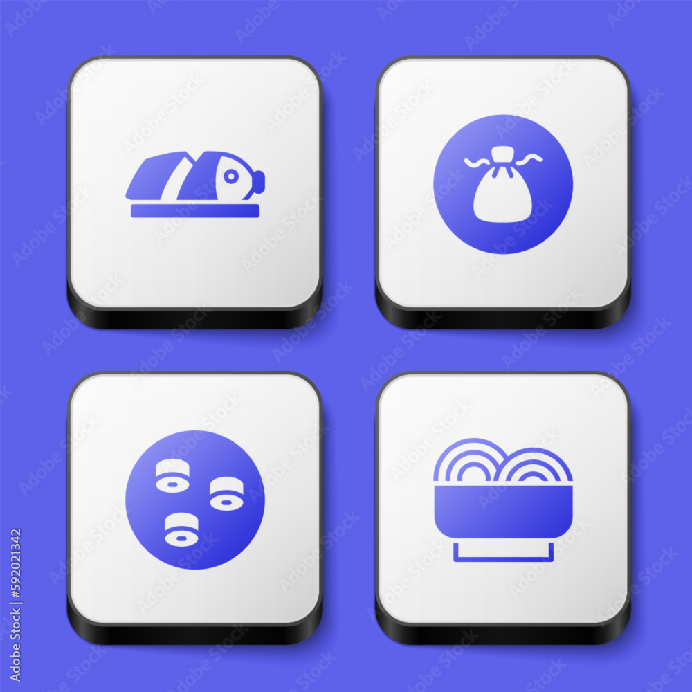 Set Fish with sliced pieces, Wonton, Sushi and Asian noodles in bowl icon. White square button. Vector Set Fish with sliced pieces, Wonton, Sushi and Asian noodles in bowl icon. White square button. Vector
