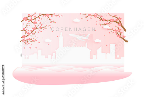 Panorama travel postcard, poster, tour advertising of world famous landmarks of Copenagen, spring season with blooming flowers in tree in paper cut style icon illustration on transparent background photo