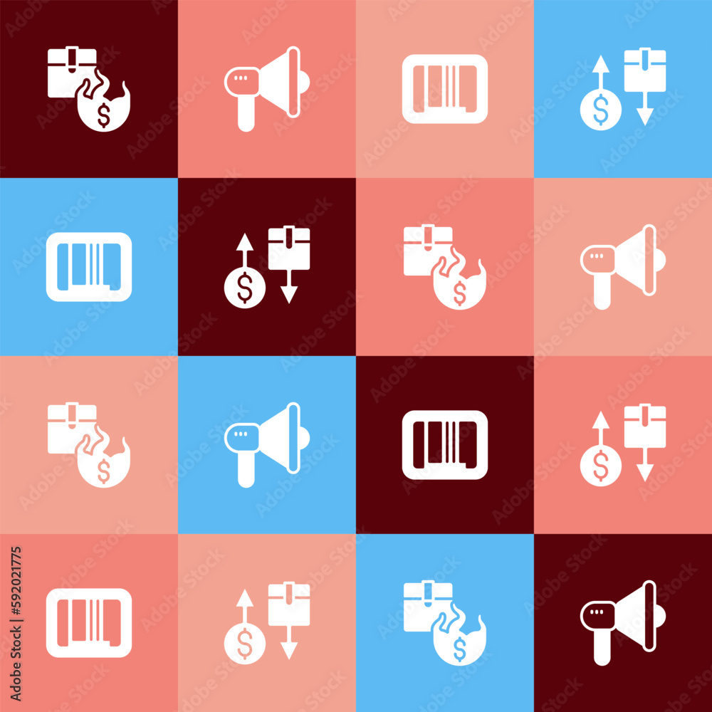 Set pop art Hot price, Megaphone, Barcode and Tax cardboard box icon. Vector Set pop art Hot price, Megaphone, Barcode and Tax cardboard box icon. Vector