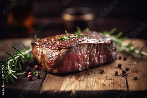  a piece of steak on a wooden cutting board with herbs and pepper on the side of the chopping board and a glass of beer in the background. generative ai