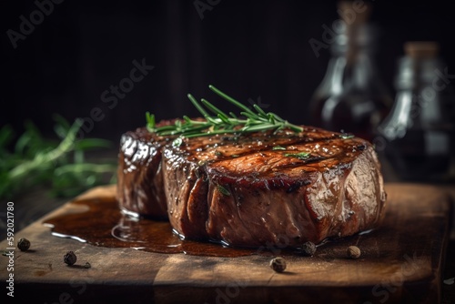  a piece of steak with sauce on a wooden cutting board with a sprig of rosemary on top of it and a bottle of wine in the background. generative ai