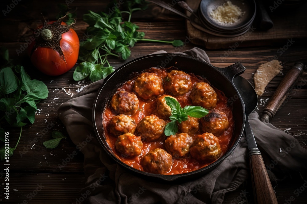  a pan filled with meatballs covered in sauce and garnished with parsley and parsley on a wooden table next to a tomato and basil.  generative ai