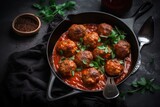  a pan filled with meatballs covered in sauce and garnished with parsley and a spoon next to a bowl of seasoning.  generative ai
