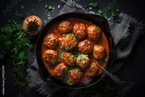  a pan filled with meatballs covered in sauce and garnished with parsley on a table next to a sprig of parsley. generative ai