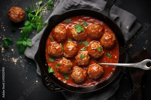  a pan filled with meatballs covered in sauce and garnished with parsley on top of a gray napkin with a spoon next to it.  generative ai