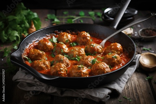  a skillet filled with meatballs covered in tomato sauce and garnished with parsley and parsley on a wooden table with a spoon.  generative ai