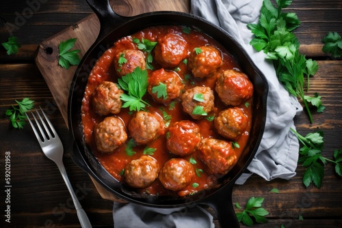 a skillet filled with meatballs covered in sauce and garnished with parsley on top of a wooden cutting board with a fork.  generative ai photo