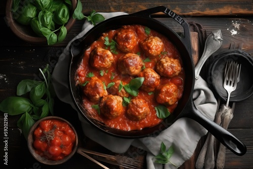  a skillet filled with meatballs and sauce on top of a wooden table next to silverware and a knife and fork and spoon.  generative ai
