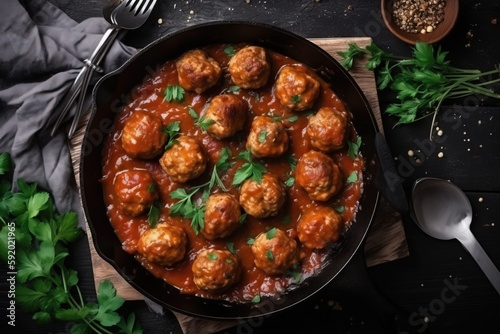  a pan filled with meatballs covered in sauce and garnished with parsley on top of a wooden cutting board with a spoon.  generative ai