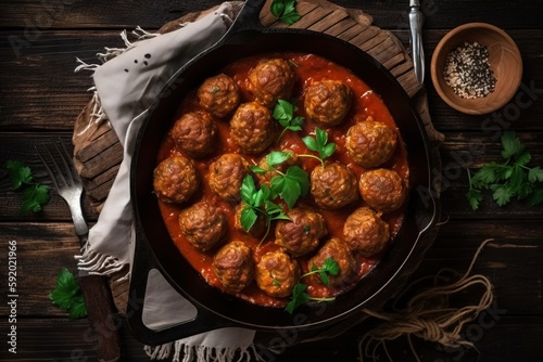  a pan filled with meatballs covered in sauce and garnished with parsley on top of a wooden table next to a spoon. generative ai