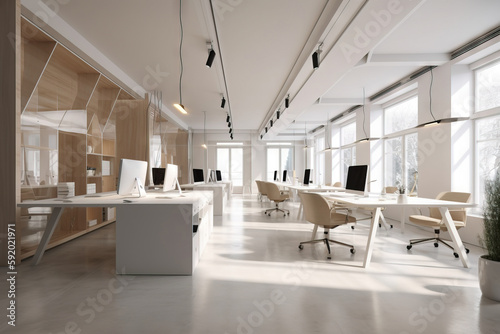  a large open office space with desks and chairs and a plant in the center of the room, with large windows on both sides of the room. generative ai