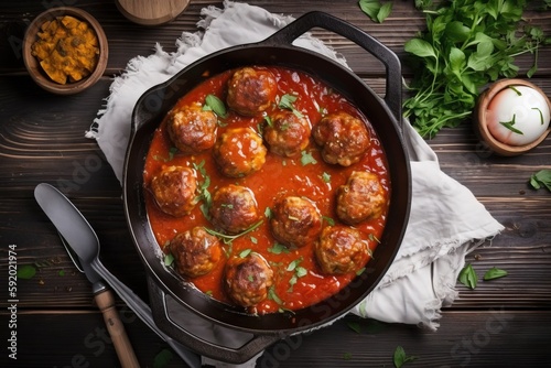  a pan filled with meatballs covered in tomato sauce and garnished with parsley on a wooden table next to a spoon and a napkin. generative ai