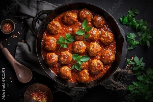  a pan filled with meatballs covered in sauce and garnished with parsley and parsley on a black surface next to a wooden spoon.  generative ai