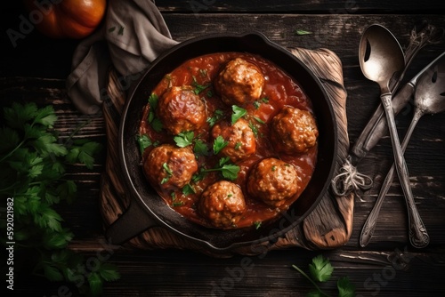  a pan filled with meatballs covered in sauce and garnished with parsley on a wooden table next to a spoon and fork. generative ai