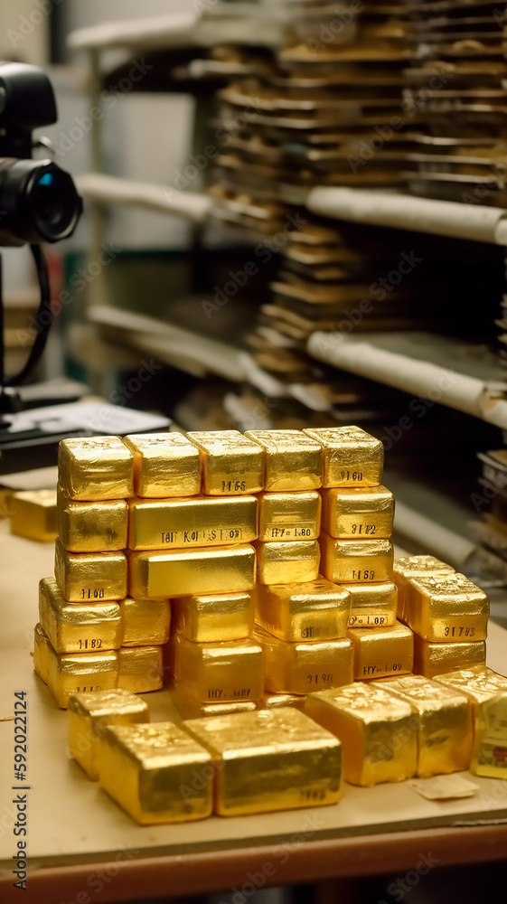 Gold reserve bank, international gold bank, gold bullion, generated with AI generative technology. Gold reserve bank, international gold bank, gold bullion, generated with AI generative technology.