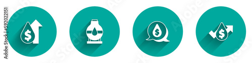 Set Oil price increase, tank storage, drop with dollar symbol and icon with long shadow. Vector