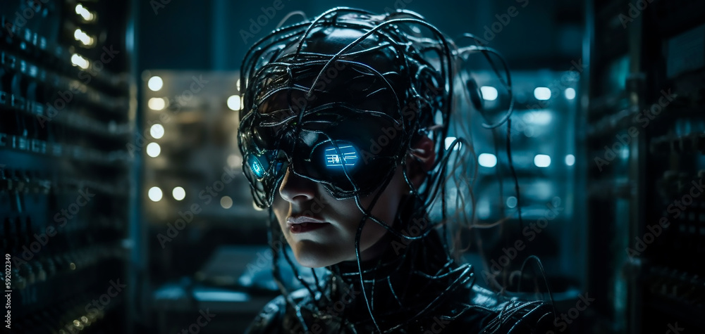 Robot with a human face, human robot, technological and futuristic, generated with AI generative technology. Robot with a human face, human robot, technological and futuristic, generated with AI generative technology.