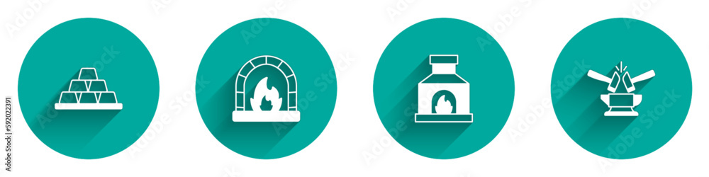 Set Gold bars, Blacksmith oven, and Anvil and hammer icon with long shadow. Vector Set Gold bars, Blacksmith oven, and Anvil and hammer icon with long shadow. Vector