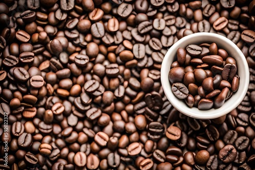 Coffee beans texture on white ceramic mug. Selective focus