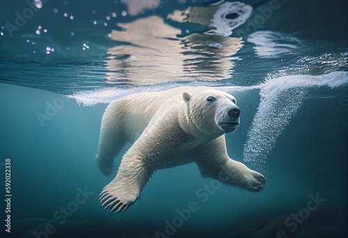 Underwater Encounter  Close-Up View of Polar Bear Swimming in Arctic Waters. Generative AI