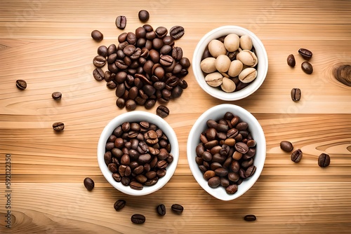Different type of coffee beans isolated on wooden background. Selective focus top view