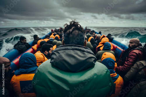 Crowd of people of illegal migrants crosses the state border across the sea in a crowded boat, a dangerous journey to another country. Generative AI photo