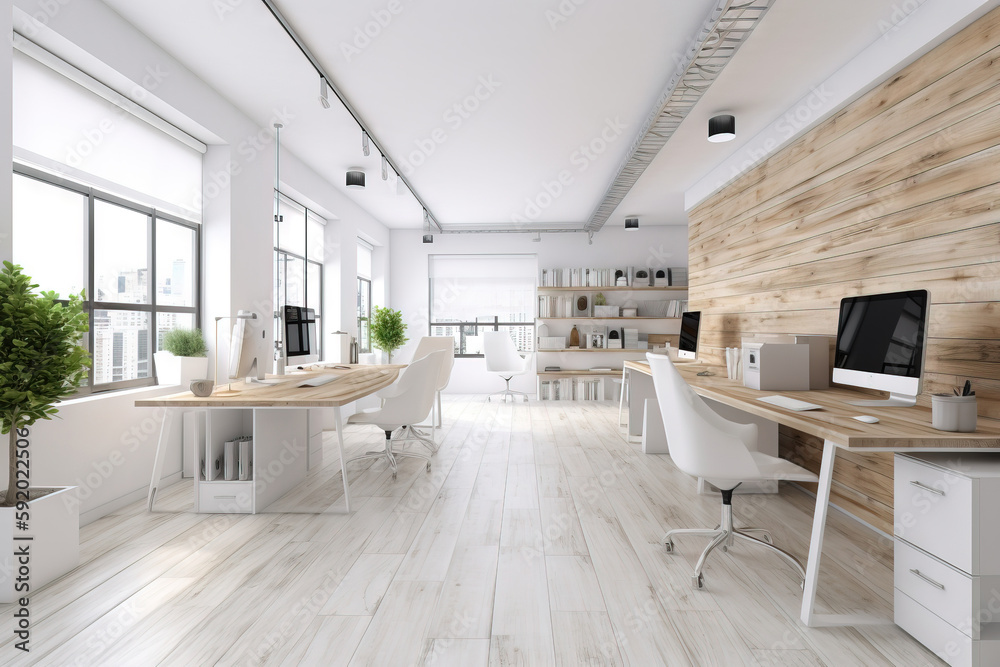an office with a desk, computer, and a potted plant in the center of the room, and a wooden wall behind the desk. generative ai an office with a desk, computer, and a potted plant in the center of the room, and a wooden wall behind the desk. generative ai