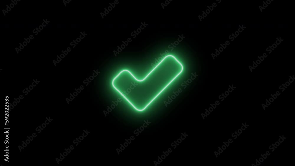 Glowing neon tick icon on black background. completed task. 4K video animation for motion graphics and compositing. Glowing neon tick icon on black background. completed task. 4K video animation for motion graphics and compositing.
