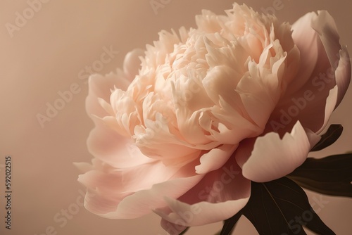  a large pink flower with leaves on a brown and white background with a light pink wall in the background and a light pink wall in the background.  generative ai © Nadia