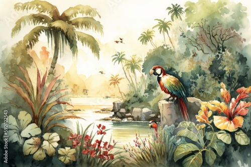 Tropical Paradise wallpaper. trees and birds with detailed watercolor paintings of a serene, tropical Hawaiian landscape