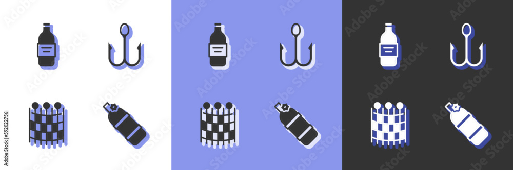 Set Aqualung, Bottle of vodka, Fishing net pattern and hook icon. Vector Set Aqualung, Bottle of vodka, Fishing net pattern and hook icon. Vector
