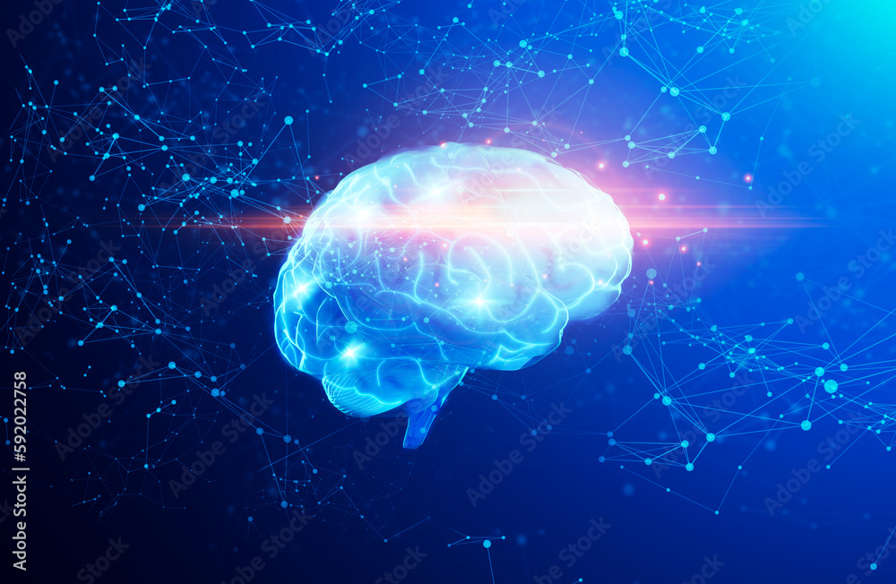 3D illustration Of Human Brain Hologram Over Abstract Background With Polygonal Connections