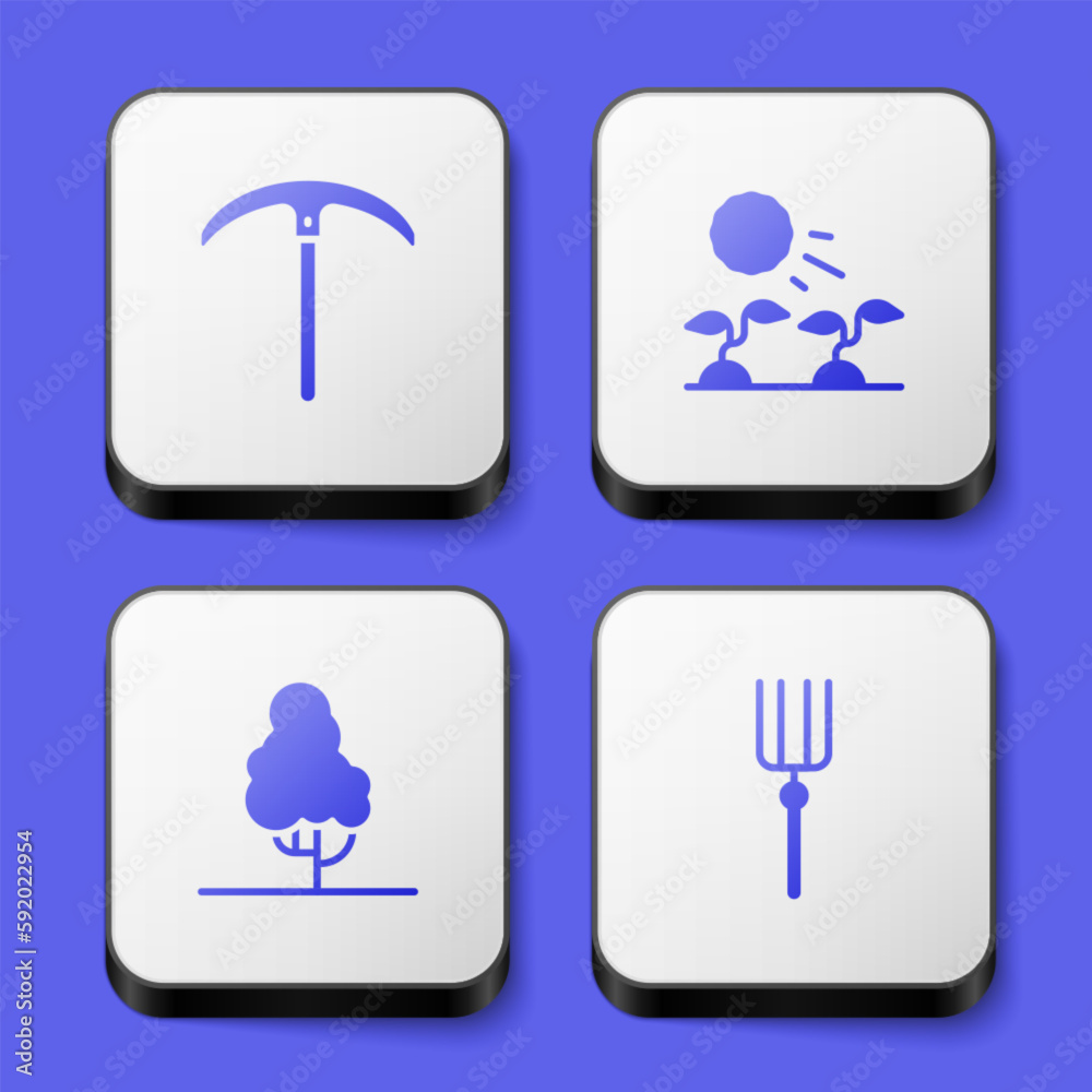 Set Pickaxe, Plant sprouts grow in the sun, Fruit tree and Garden pitchfork icon. White square button. Vector Set Pickaxe, Plant sprouts grow in the sun, Fruit tree and Garden pitchfork icon. White square button. Vector