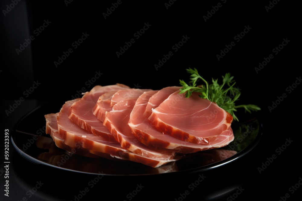  a black plate with ham slices and parsley on it on a black tablecloth with a black background and a black tablecloth with a black table cloth.  generative ai