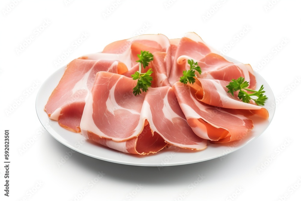  a white plate topped with ham and parsley on top of a white tablecloth covered tablecloth with a white background and a white plate holding a piece of ham and parsley on top.  generative ai