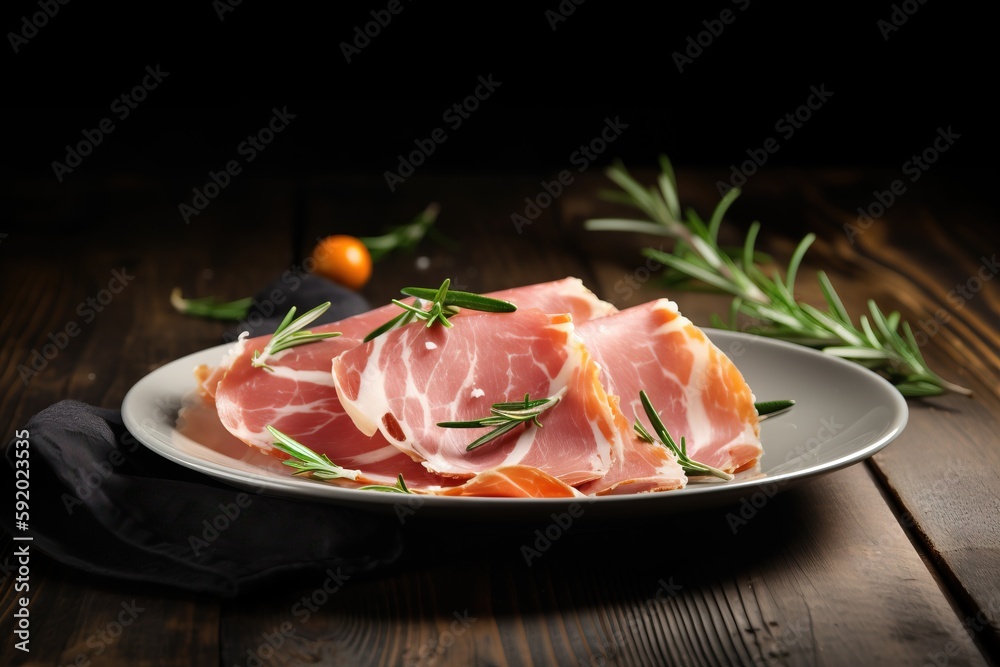  a white plate topped with slices of meat and garnished with green leaves and an orange on a wooden table next to a black cloth.  generative ai