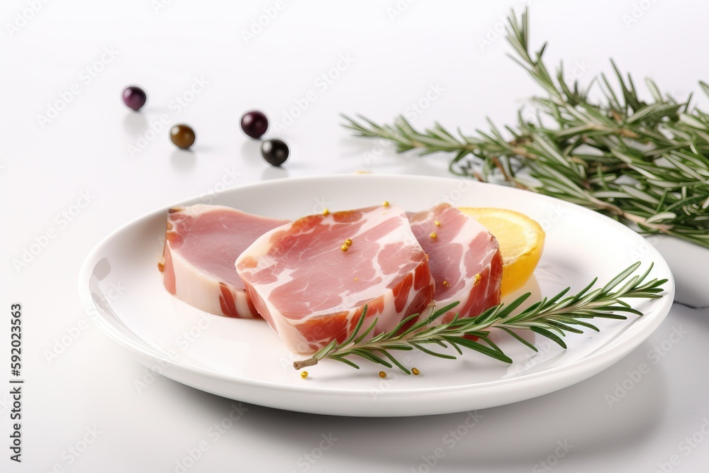  a white plate topped with slices of ham next to an orange slice and sprig of rosemary on a white tablecloth with olives.  generative ai