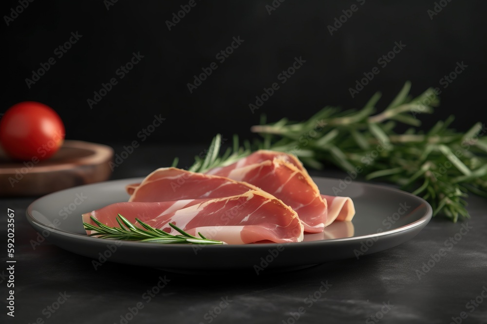  three pieces of meat on a plate with a sprig of rosemary on a black tablecloth next to a tomato and a knife.  generative ai