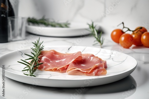  a plate of ham and tomatoes on a marble counter top with a bottle of wine in the backgroung of the plate, and tomatoes on the side. generative ai