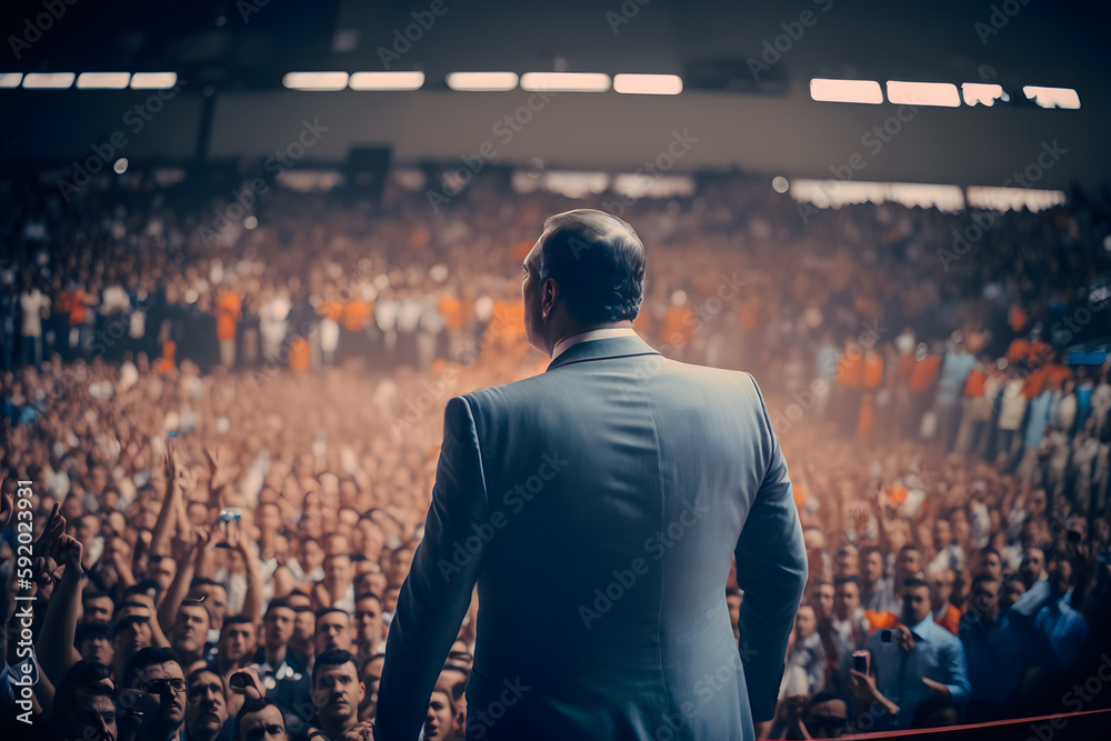 The politician deputy speaks on the stage in front of a crowd of people ...