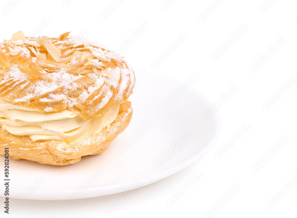 French dessert Paris-Brest on white background French dessert Paris-Brest on white background
