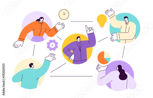 Group of colleagues led by a manager performs professional duties