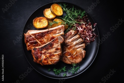  a plate of food with meat, potatoes and vegetables on a black plate with a black tablecloth and a black background with a black table cloth. generative ai