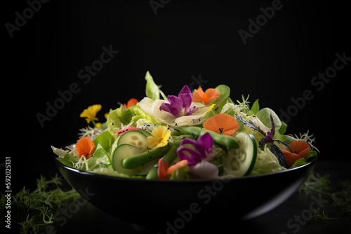  a black bowl filled with a salad of cucumbers, snap peas, and snap peas on a black surface with a black background. generative ai