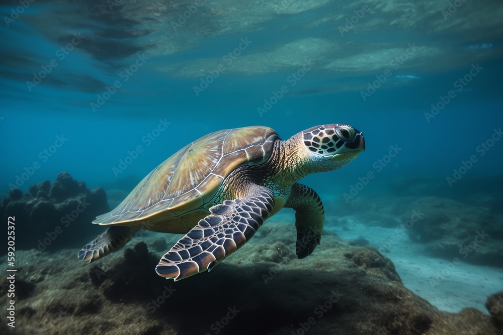 Turtle swimming in beautiful sea. Generative AI Turtle swimming in beautiful sea. Generative AI