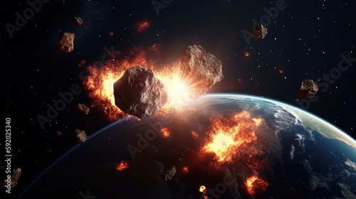 The fall of asteroids on planet earth  the end of the world. AI generated